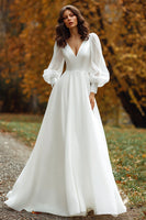 Load image into Gallery viewer, Ivory V-Neck Satin A Line Long Sleeves Wedding Dress