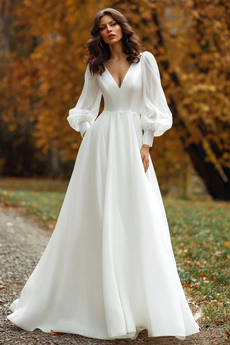 Ivory V-Neck Satin A Line Long Sleeves Wedding Dress