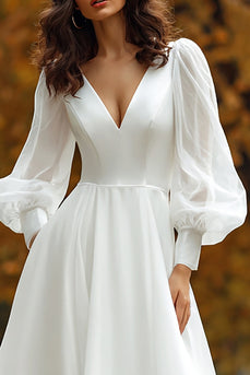 Ivory V-Neck Satin A Line Long Sleeves Wedding Dress