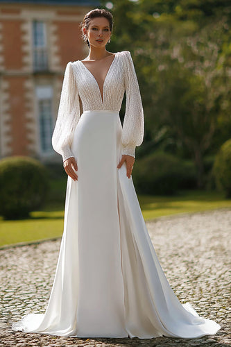 Sparkly Ivory V-Neck A-Line Wedding Dress with Sleeves