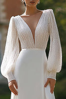 Load image into Gallery viewer, Sparkly Ivory V-Neck A-Line Wedding Dress with Sleeves