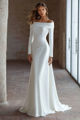 Ivory Off The Shoulder Satin Long Sleeves A-Line Wedding Dress