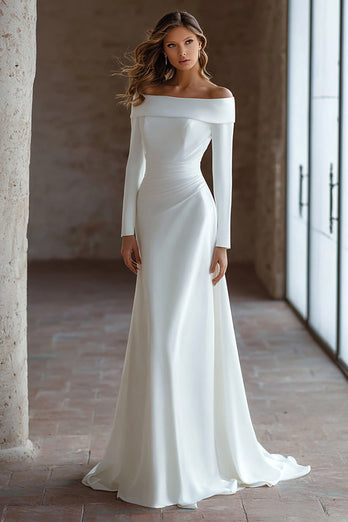 Ivory Off The Shoulder Satin Long Sleeves A-Line Wedding Dress