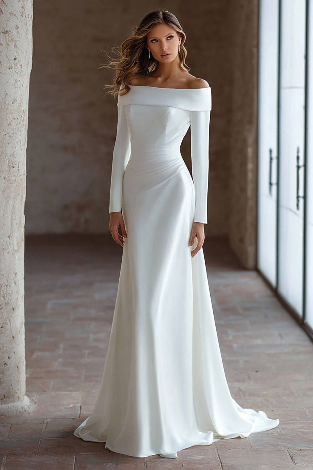 Ivory Off The Shoulder Satin Long Sleeves A-Line Wedding Dress