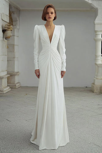 Ivory Deep V-Neck Ruched Sheath Long Sleeves Wedding Dress