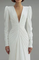 Load image into Gallery viewer, Ivory Deep V-Neck Ruched Sheath Long Sleeves Wedding Dress