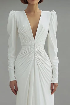 Ivory Deep V-Neck Ruched Sheath Long Sleeves Wedding Dress