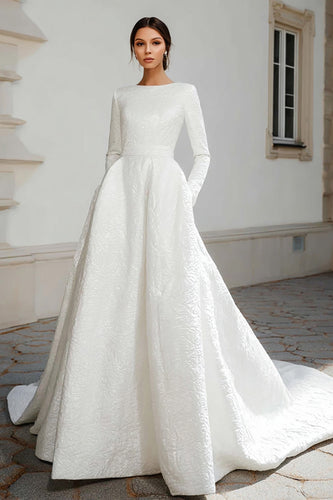 Ivory Jacquard Princess Sweep Train Wedding Dress with Long Sleeves