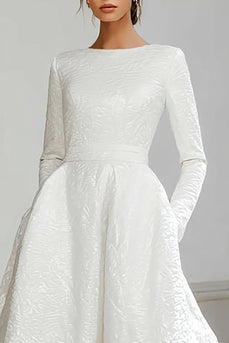Ivory Jacquard Princess Sweep Train Wedding Dress with Long Sleeves
