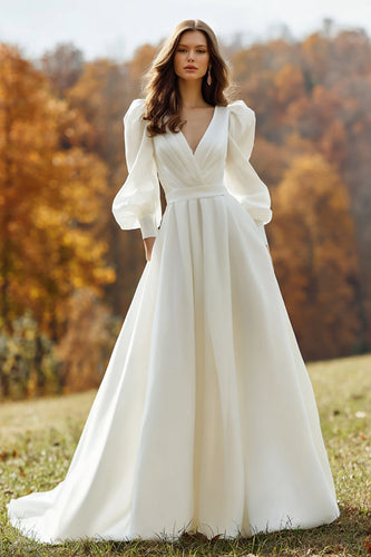 Ivory V-Neck Ruched A Line Sweep Train Long Sleeves Wedding Dress