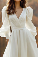 Load image into Gallery viewer, Ivory V-Neck Ruched A Line Sweep Train Long Sleeves Wedding Dress