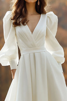 Ivory V-Neck Ruched A Line Sweep Train Long Sleeves Wedding Dress