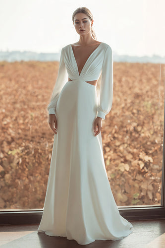 Ivory V-Neck Cut Out Long Sleeves A-Line Wedding Dress