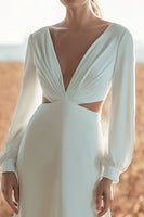 Load image into Gallery viewer, Ivory V-Neck Cut Out Long Sleeves A-Line Wedding Dress