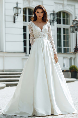Ivory V-Neck Maxi Long Sleeves Princess Wedding Dress with Lace