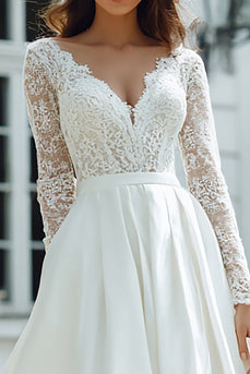 Ivory V-Neck Maxi Long Sleeves Princess Wedding Dress with Lace