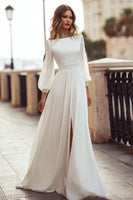 Load image into Gallery viewer, Ivory Bateau Neck Long Sleeves A Line Wedding Dress with Lace