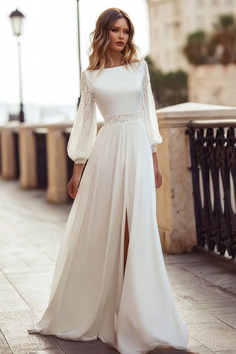 Ivory Bateau Neck Long Sleeves A Line Wedding Dress with Lace