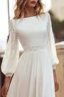 Load image into Gallery viewer, Ivory Bateau Neck Long Sleeves A Line Wedding Dress with Lace