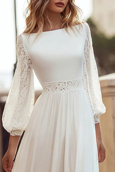 Ivory Bateau Neck Long Sleeves A Line Wedding Dress with Lace
