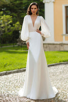 Load image into Gallery viewer, Sparkly Ivory Satin V-Neck Wedding Dress with Sleeves
