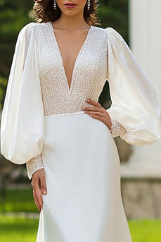 Sparkly Ivory Satin V-Neck Wedding Dress with Sleeves