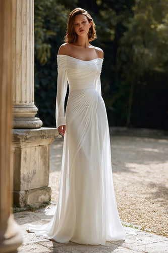 Ivory Off The Shoulder Ruched Long Sleeves Sheath Wedding Dress