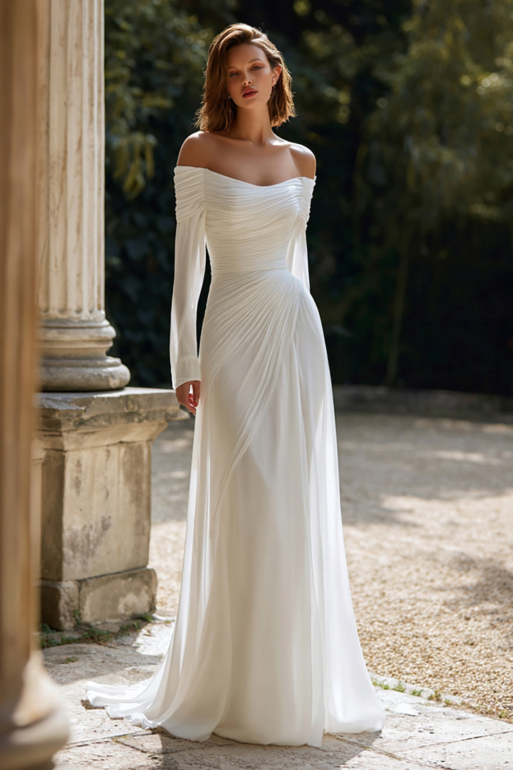 Ivory Off The Shoulder Ruched Long Sleeves Sheath Wedding Dress