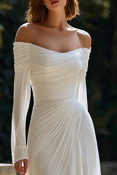 Ivory Off The Shoulder Ruched Long Sleeves Sheath Wedding Dress