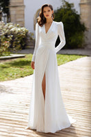 Load image into Gallery viewer, Ivory Deep V-Neck Chiffon Long Sleeves Wedding Dress with Slit