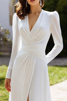 Load image into Gallery viewer, Ivory Deep V-Neck Chiffon Long Sleeves Wedding Dress with Slit