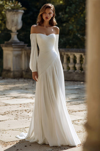 Ivory Chiffon Off the Shoulder Pleated Wedding Dress with Sleeves