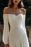 Load image into Gallery viewer, Ivory Chiffon Off the Shoulder Pleated Wedding Dress with Sleeves