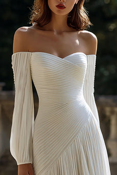 Ivory Chiffon Off the Shoulder Pleated Wedding Dress with Sleeves