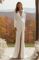 Load image into Gallery viewer, Ivory V-Neck Long Sleeves Ruched Wedding Dress with Slit