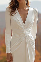 Load image into Gallery viewer, Ivory V-Neck Long Sleeves Ruched Wedding Dress with Slit