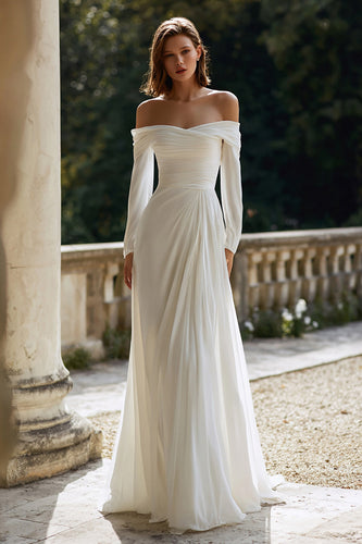 Ivory Off the Shoulder Ruched A-Line Wedding Dress with Sleeves