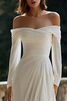 Load image into Gallery viewer, Ivory Off the Shoulder Ruched A-Line Wedding Dress with Sleeves