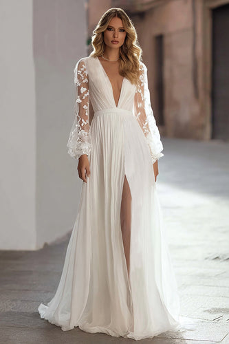 Ivory Deep V-Neck A Line Ruched Wedding Dress with Slit