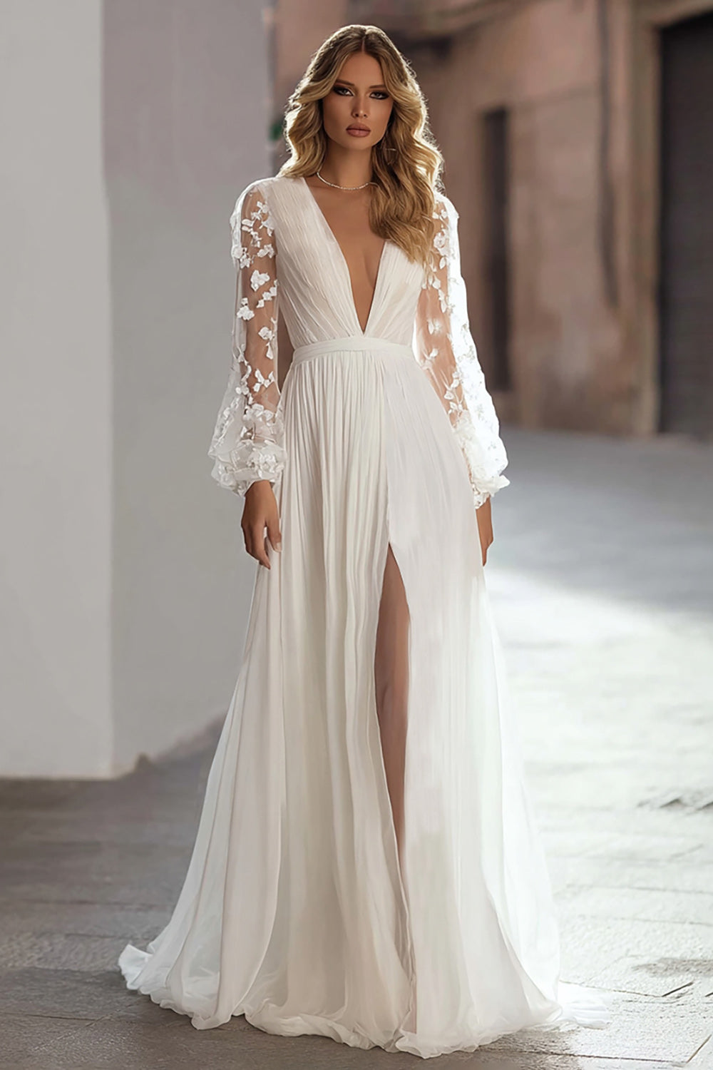 Ivory Deep V-Neck A Line Ruched Wedding Dress with Slit