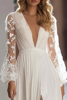 Ivory Deep V-Neck A Line Ruched Wedding Dress with Slit