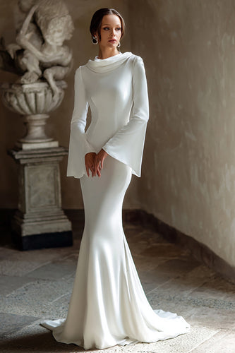Ivory Cowl Neck Satin Mermaid Wedding Dress with Long Sleeves