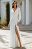Load image into Gallery viewer, Ivory V-Neck Ruched Sheath Long Wedding Dress with Slit