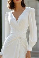 Load image into Gallery viewer, Ivory V-Neck Ruched Sheath Long Wedding Dress with Slit