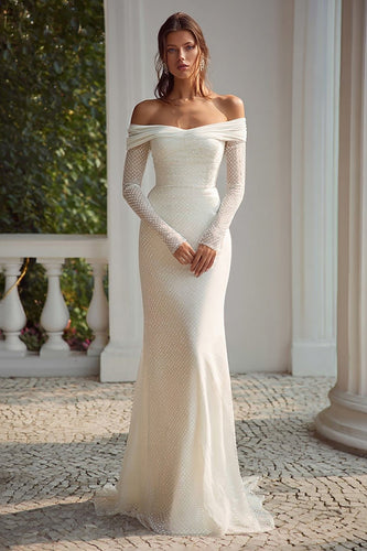 Ivory Off the Shoulder Long Sleeves Mermaid Wedding Dress