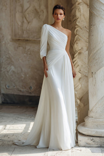 Ivory One Shoulder A-Line Wedding Dress with Sleeves