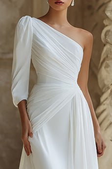Ivory One Shoulder A-Line Wedding Dress with Sleeves