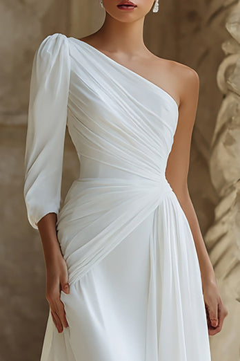 Ivory One Shoulder A-Line Wedding Dress with Sleeves