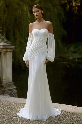 Ivory Off the Shoulder Chiffon Pleated Mermaid Wedding Dress with Sleeves