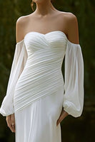 Load image into Gallery viewer, Ivory Off the Shoulder Chiffon Pleated Mermaid Wedding Dress with Sleeves